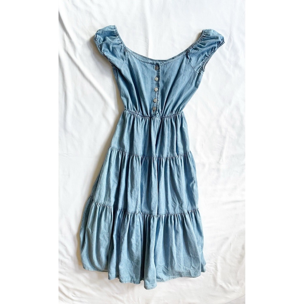 vintage Fredericks of Hollywood Denim Boho Maxi Peasant Dress Blue Medium Cotton